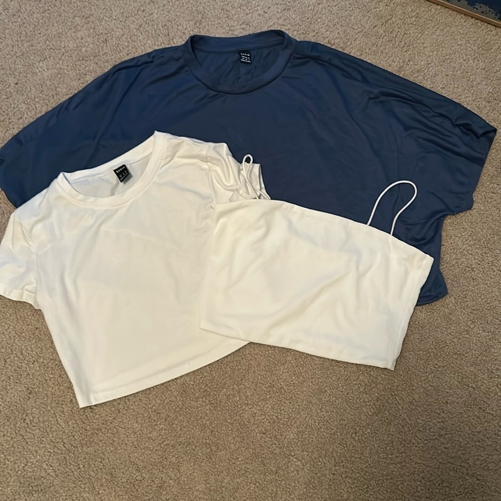 3 SHEIN shirts. Shirts are XS, white tank is S. Blue never worn.